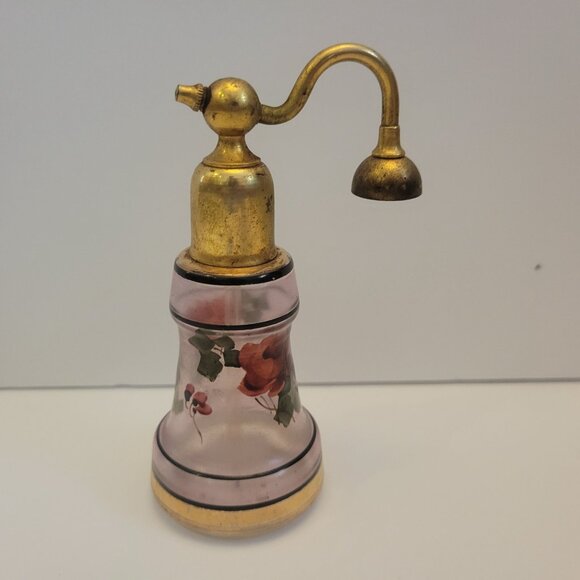 Vintage Glass Perfume Atomizer With Brass Nozzle & Floral Design - Picture 4 of 6